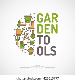 Poster with tools for the garden. Signs and symbols of gardening. Garden tools in the background.