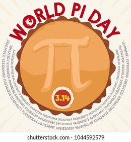 Poster with a top view of a delicious pie with a tasty button over cream with numeric value of pi and the commemorative date for  World Pi Day celebration in March 14.