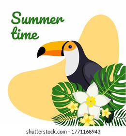 Poster with a Toucan and palm leaves with the inscription summer time. Vector illustration