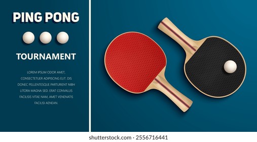 Poster tournament - rackets and balls for ping-pong. For games, championships and advertising. Background  blue table. Vector.