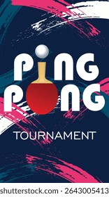 Poster tournament table tennis, racket icons, ball, flat style. Ping pong banner, inscription, abstract background brush strokes, texture, sports club, competitions racket sport
