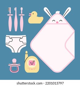 Poster with a towel, diaper, toothbrushes, baby monitor, toy and a pacifier. Health care and development. Products for newborn babies. Cute design for boys and girls. Hand drawn vector illustration.