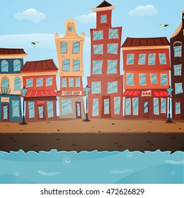Poster with town views. Handmade drawing isolated in vector. Postcard poster. Freehand drawing. City embankment view background