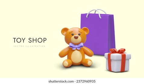 Afiche para la tienda de juguetes en colores morado y amarillo. Concepto de tienda de juguetes. 3d realistas compras atrás, caja de regalo y gran osito de peluche con arco violeta. Ilustración del vector