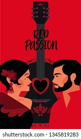 Poster for traditioinal spanish flamenco show and love, gypsy couple and guitar, vector illustration