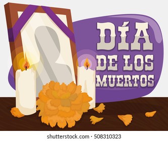 Poster with traditional altar with a deceased frame, candles and cempasuchil or marigold flower to remember and pay respect to the dead in "Dia de Muertos" (Spanish for "Day of the Dead").