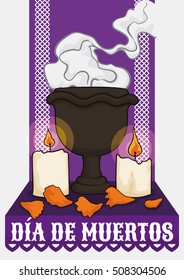 Poster with traditional altar for "Dia de Muertos" (Spanish for "Day of the Dead") celebration decorated with a copal's incense, candles and some petals of marigold over a purple tissue paper.