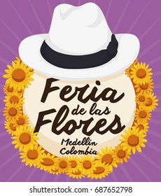 Poster with traditional arriero hat over round button decorated with yellow daisies for Colombian Festival of the Flowers (written in Spanish).