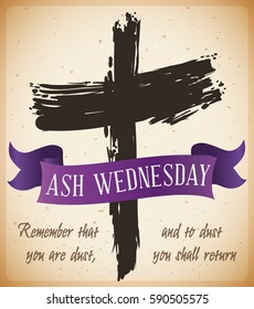 Poster with traditional ash cross drawing and purple ribbon with biblical words in a scroll that mark the beginning of Lent.