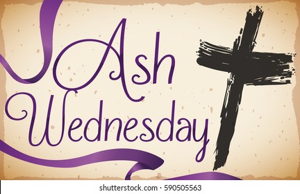Poster with traditional ash cross with purple ribbon over ancient scroll for Ash Wednesday celebration that commemorates the beginning of Lent season.
