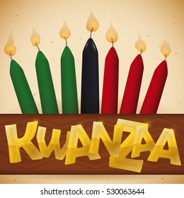 Poster with traditional candles in a tribal sign with golden letters for Kwanzaa celebration.