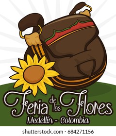 Poster with traditional "carriel" satchel with a sunflower, ready to be used in Colombian Festival of the Flowers event (written in Spanish) in Medellin.