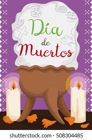 Poster with traditional ceramic copal's censer with candles and marigold petals to honor the Mexican "Day of the Dead" ("Dia de Muertos" in Spanish) celebration.