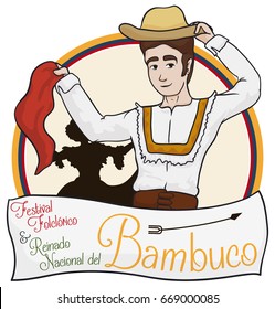 Poster with traditional Colombian man and woman silhouette, dancing in Bambuco Pageant and Folkloric Festival event (written in Spanish).