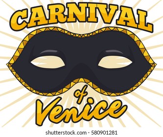 Poster with traditional colombina mask in dark color and golden ornaments ready for the celebration of Carnival of Venice.