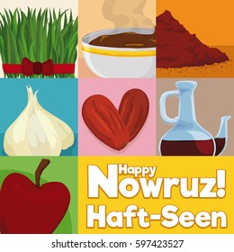 Poster with traditional and decorative elements for tabletop in Nowruz: wheat grass, sweet pudding, sumac powder, garlic, dried fruits, vinegar and apple.