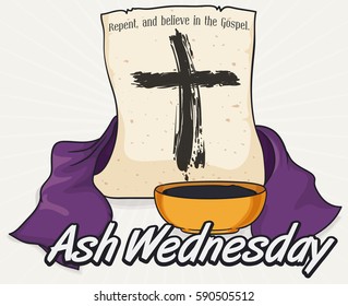 Poster with traditional elements to begin Lent celebration on Ash Wednesday: bowl with blessed ashes, purple stole and scroll with biblical words and cross drawing.