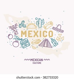 Poster with traditional elements of Mexican culture. Vector illustration.