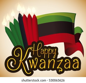 Poster with traditional flag and seven lighted candles with golden letters to celebrate Kwanzaa.