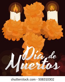 Poster with traditional floral cross offering made with cempasuchil (or marigold) petals and two candles lighted to celebrate the night of "Dia de Muertos" (translate from Spanish: "Day of the Dead").