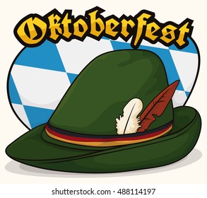 Poster with traditional green Bavarian felt hat with feathers and German colors ribbon ready to be worn in Oktoberfest celebration.