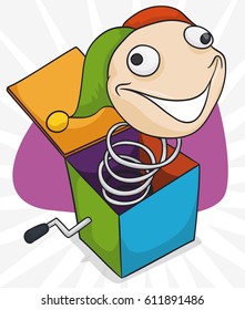 Poster with traditional Jack-in-the-box toy ready for pranks in April Fools' Day in cartoon style.