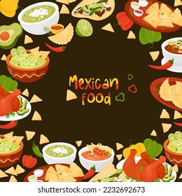 Poster traditional mexican food. Latin American dishs Quesadilla, Tacos, guacamole with nachos, green Soup and Tomato Soup, Empanadas, Mexican Achiote Chicken on black background. Vector illustration