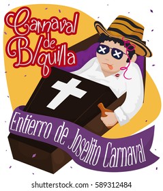 Poster with traditional representation scene of Joselito's death, that marks the ending of Barranquilla's (abbreviated: "B/quilla" and written in Spanish) Carnival fun and party events.