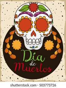 Poster with traditional skull with floral design as offering for the ancestor in Mexican "Dia de los Muertos" (translate from Spanish: "Day of the Dead") celebration.