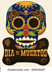 Poster with traditional skull with floral design and sign with iconic elements of Mexican celebration "Day of the Dead" ("Dia de Muertos" in Spanish): marigold, bread of the dead, cross and candle.