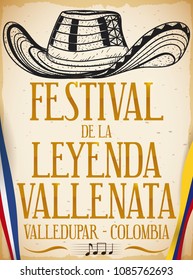 Poster mit traditionellem "sombrero vueltiao" oder drehte Hut in handgezeichnet Stil über Scroll, Förderung des Vallenato Legend Festival (auf Spanisch geschrieben) mit Valledupar und kolumbianischen Flaggen verziert.