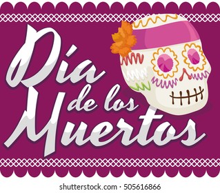 Poster with traditional sugar skull offering for Mexican "Dia de Muertos" (translate from Spanish: "Day of the Dead") celebration over a purple tissue paper decoration.