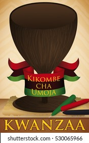 Poster with traditional unity cup (or "Kikombe cha Umoja") decorated with flag and some candles over the mat for Kwanzaa celebration.