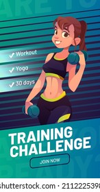 Poster of training challenge with workout, yoga and exercises. Vector banner of fitness marathon, sport activity with beautiful smiling girl in sportswear holding dumbbells