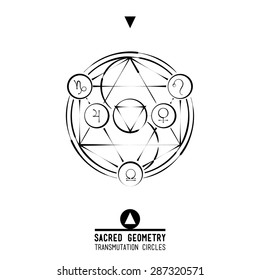 Poster Transmutation circles.Sacred geometry set of trendy vector Alchemy symbols collection 
background. Religion, philosophy, spirituality, occultism, science, magic. Design and tattoo elements.
