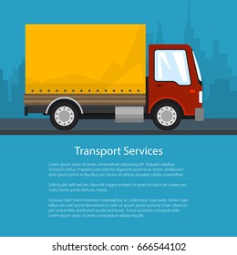 Poster Transportation and Cargo Services, Red Orange Cargo Delivery Truck on the Background of the City and Text, Shipping and Freight of Goods, Flyer Brochure Design, Vector Illustration 