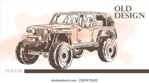 the poster transportation of hand drawn ink drawing for print and t-shirt. vintage card of classic car. classic transportation with vintage paper