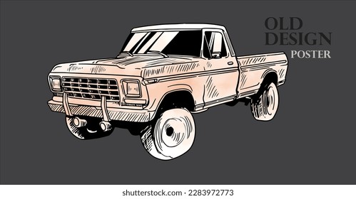 the poster transportation of hand drawn ink drawing for print and t-shirt. vintage card of classic car. classic transportation with vintage paper