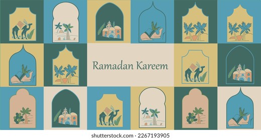  Poster of travel guides. Colorful advertising banners with views of the camels and desert. Holidays or trips. Collection of isolated flat vector.