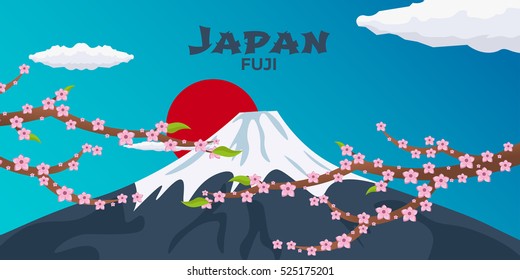 Poster Travel to Japan. Mountain. Sakura japan cherry branch with blooming flowers vector illustration. Banner. Vector illustration