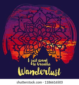 Poster for travel and mountaineering with mountain silhouette on beautiful sunset and indian mandala, sketch style, vector illustration