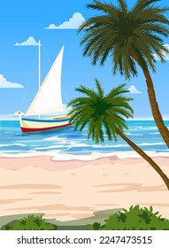 Poster Travel, Tropical seascape, beach, palms, sailboat, poster, seaside view landscape. Vintage style