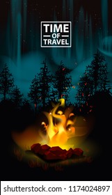 A poster for travelers with a fire and aurora borealis. Beautiful scenery with a fire and sky.