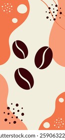 Poster with tree coffee beans on abstract orange and white background. Banner with coffee design.Template for advertising, posters, social media, decorations, cards.Design element.Vector illustration.