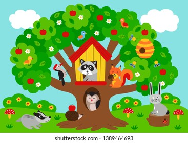 poster tree with forest animals - vector illustration, eps