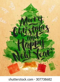 Poster tree lettering Merry Christmas and Happy New Year drawing in vintage style on kraft paper