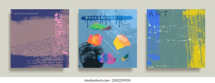 Poster trend vector template set. Grunge brush stroke background with quotes and place for text. Colored editable grunge shape. Modern template for social networks stories, vector ink illustration.