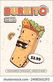 Poster with trendy burrito retro groovy fast food character. Contemporary cartoon style on 60s-70s character. Mascots for bar and restaurant. Vector illustration.