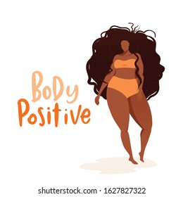 Poster with trendy hand drawn lettering Body positive. Female character. Happy woman positive concept. Plus size body. Girl with beautiful hair in orange bikini with strips