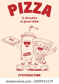 Poster with trendy retro cartoon fast food characters in linear style without shading. Modern cartoon style. Mascots for bar, restaurant menu. Vector illustration.